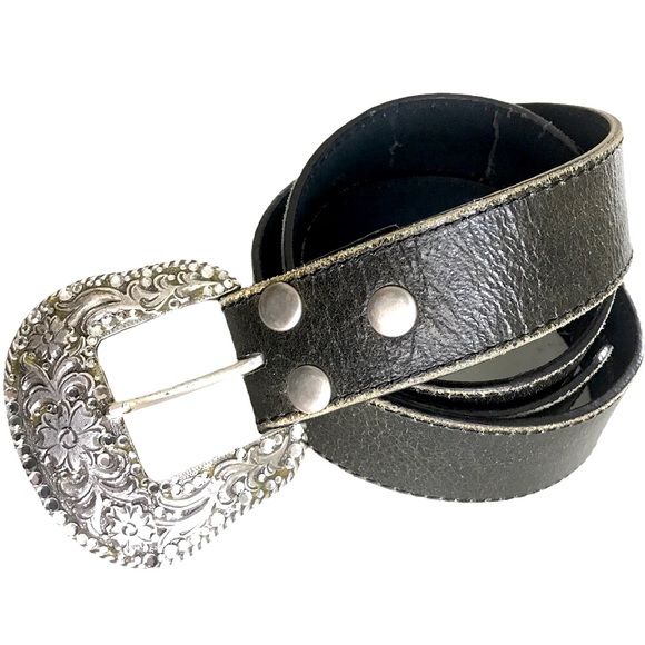 Black Leather Belt w/Western Flare Buckle, Sz. L. Perfect condition. Like new. - Picture 5 of 11